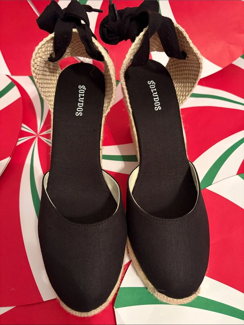 Soludos Black Canvas Espadrille Wedges with Ankle Tie Straps